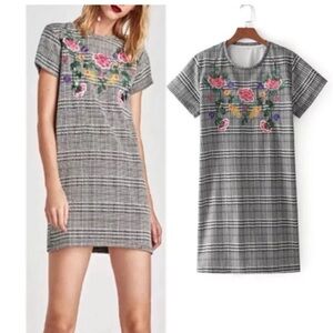Zara Gray Plaid Dress Floral sequin Embroidery women size XL